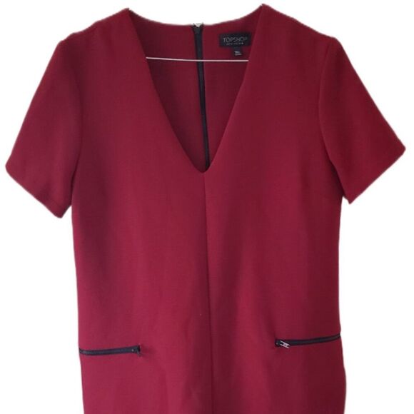 Topshop Women's Burgundy Short Sleeve Dress with Side Zip Pockets - Picture 2 of 4